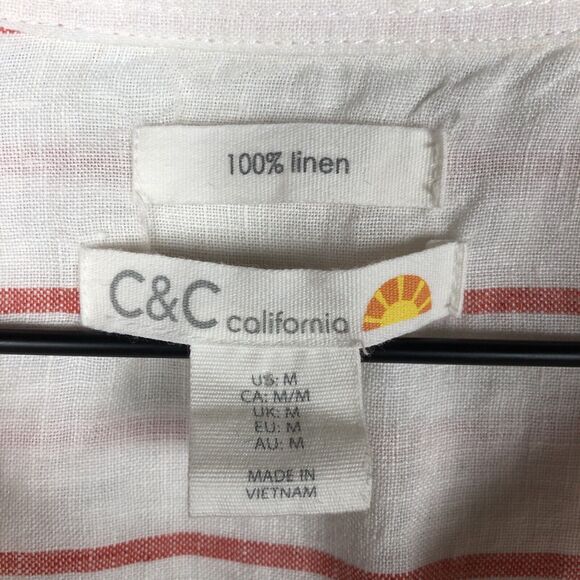 C&C CALIFORNIA 100% Linen Tunic Sz M White Red Stripe 1/2 Button Roll Tab Sleeve - Picture 3 of 13